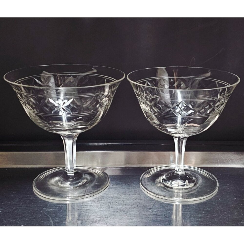 2 Vintage Cut Crystal Champagne Coupe 4" Art Deco glasses dot criss cross